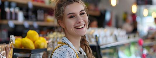 Joyful Female Retail Staff Member Assisting Customer at Grocery Store Checkout photo