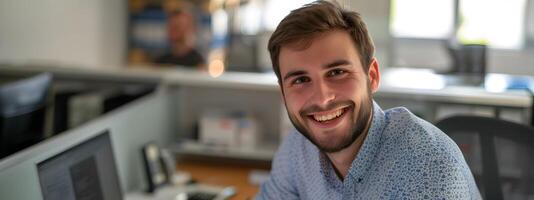Positive Young Professional Analyzing Data in Modern Office Environment photo