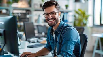 Smiling Young Businessman Working Intently on Laptop in Office Environment photo