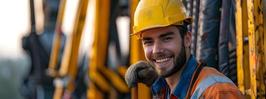 Smiling Young Construction Worker Operating Heavy Machinery on Building Site photo
