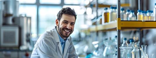 Joyful Control Scientist Conducting Experiment in Modern Laboratory photo