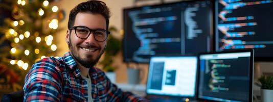 Satisfied Young Software Developer Coding at His Workstation in a Cozy Home Office Setting photo