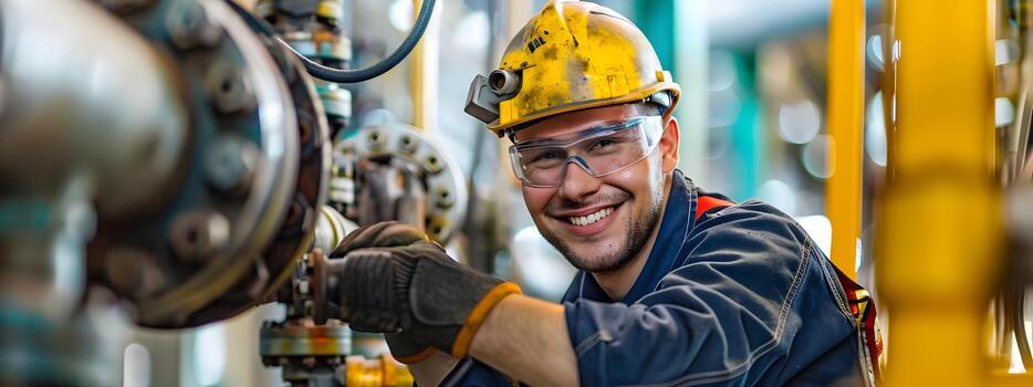 Joyful Pipefitter Expertly Tending to Industrial Machinery in Workshop photo