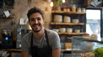 Smiling Young Cafe Owner Working at the Counter of His Cozy Establishment photo