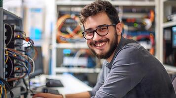 Smiling Young IT Network Administrator Working at Modern Desk in Office Environment photo