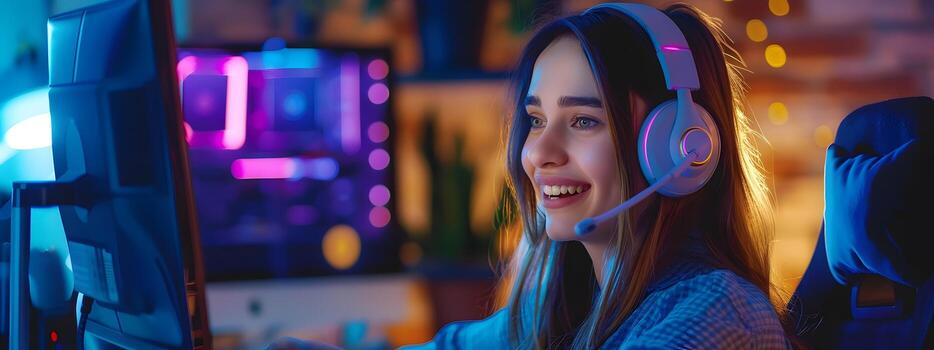 Smiling Young Female IT Professional Utilizes Computer and Headphones in Workplace photo