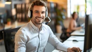 Smiling Young Businessman Assisting Customers at Corporate Desk photo