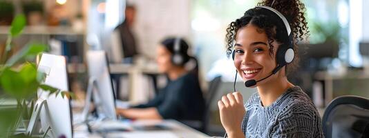 Smiling Young Customer Care Associate Providing Friendly Assistance at Work photo