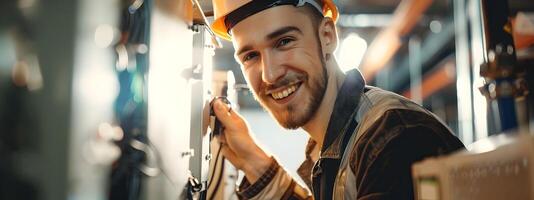 Smiling Young Electrician Working at Construction Site with Tools and Safety Gear photo