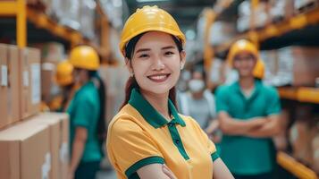 Smiling Young Employee Proudly Working in Shipping and Receiving Warehouse photo