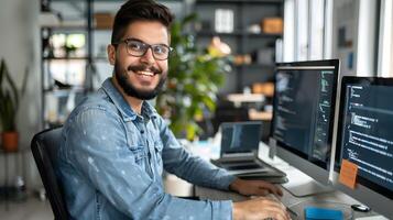 Smiling Young Male Software Developer Working at Desk in Office photo