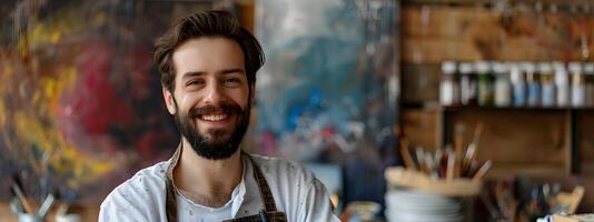 Smiling Young Painting in His Creative Studio Workspace photo