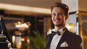 Smiling Young Professional Concierge in Elegant Hotel Interior photo