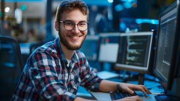 Smiling Young IT Professional Working on Computer in Modern Office photo