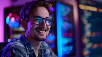 Smiling Young Male Developer Coding on Laptop in Colorful Workstation photo
