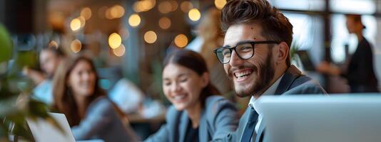 Smiling Young Professionals Collaborating and Strategizing in Modern Office photo