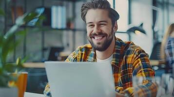 Smiling Young Tech Professional at Work in Office Environment photo