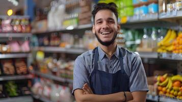 Smiling Young Retail Employee Posing at Grocery Store photo