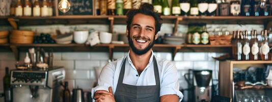 Smiling Young Proprietor Proudly Running His Own Cafe or Restaurant Business photo