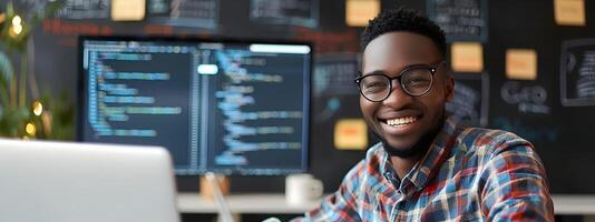 Smiling Young Web Developer Coding on Laptop in Cozy Workspace photo