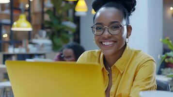 Successful African American Business Professional Smiling at in Modern Office Setting photo