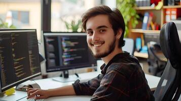Successful Young SQL Developer Enthusiastically Working in Modern Office photo