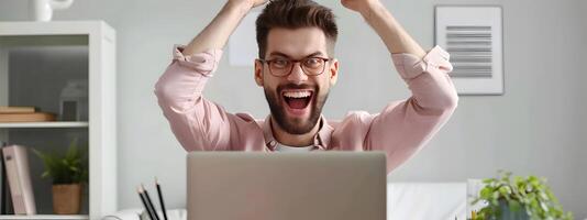 Thrilled Credit Authorizer Celebrating Accomplishments at Contemporary Workstation photo