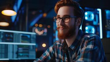 Thriving Tech Leader Engrossed in Workspace Productivity photo