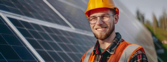 Solar Power Technician Proudly Stands by Photovoltaic Panels in Sustainable Energy System Installation photo