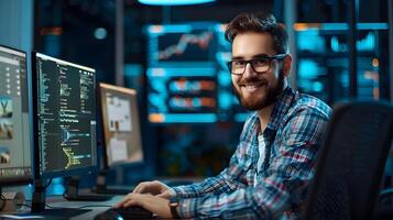 Successful Young Technical Specialist Smiling and Working at Computer photo