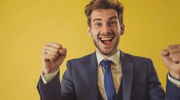 Triumphant Young Professional Celebrates Career Success in Bright Corporate Environment photo