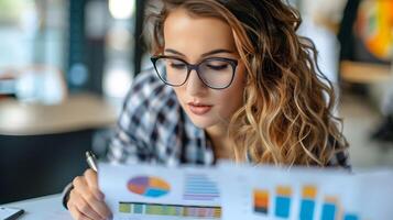 Young Focused Accounting Analyst Reviewing Data and Reports at Desk photo