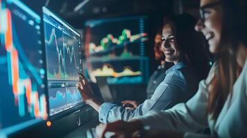 Young Professionals Analyzing Financial Data on Digital Screens in Modern Office Environment photo