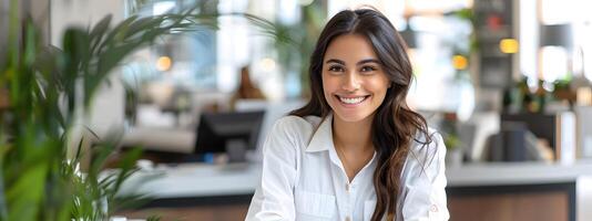 Welcoming Young Professional Woman Smiling at Desk in Modern Office Interior photo