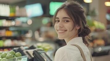 Welcoming Cashier Assisting Customer in Grocery Store photo