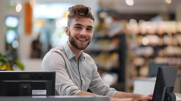 Young Smiling Sales Associate Providing Friendly Customer Service at Retail Store photo