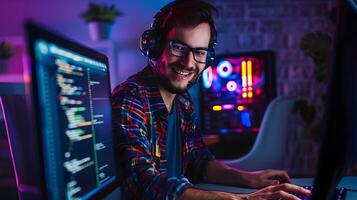 Young Happy Software Developer Coding in Futuristic Tech Workspace photo