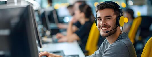 Young Smiling Professional Operates Computer in Busy Corporate Office Environment photo