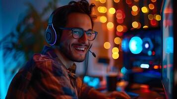 Young Tech Enthusiast Enjoying Immersive Digital Experience in Vibrant Workspace photo