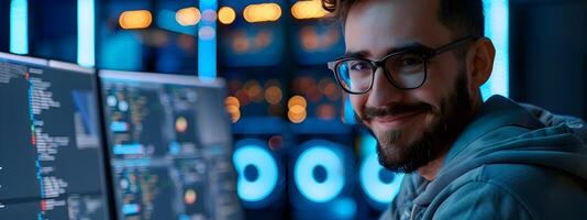 Young Professional Cybersecurity Analyst Examining Data on Multiple Screens in Workspace photo