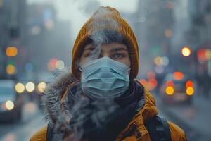 Young man in a protective face mask and warm winter attire stands on a bustling city street, his breath visible in the cold air, with blurred city lights in the background photo