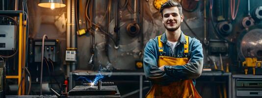 joven soldador con confianza trabajando en industrial taller rodeado por herramientas y equipo foto