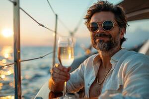 Handsome, stylish man with a charming smile, holding a glass of champagne on a luxurious yacht, with the golden sunset over the sea creating a serene and opulent ambiance photo
