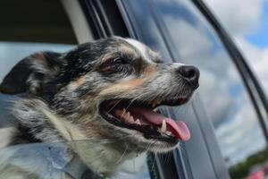 Joyful dog with its head out of a car window, tongue out, and wind in its fur photo