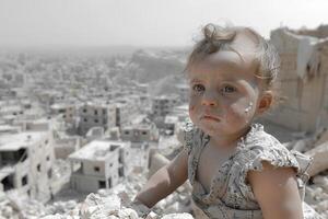 Innocent child's image in wartorn area conveys message of resilience and hope photo