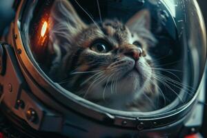 Ultra-realistic portrayal of a cat in astronaut attire and a space helmet, embodying curiosity and a love for adventure photo