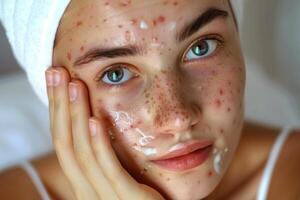 Closeup of a young girl with acnecovered skin, applying facial treatment cream while wearing a head wrap, demonstrating selfcare and skincare routine photo