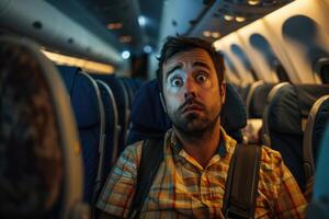 Man experiences fear during a nighttime flight, captured in the tense, dimly lit atmosphere of the airplane cabin photo