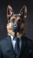 German shepherd dog posing in a sophisticated black suit and tie with a professional demeanour photo