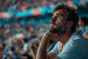 Young man watching sporting event with hand on chin in crowded stadium photo